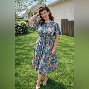 Vintage 50s Floral Belted Midi Dress Cottagecore Made in Canada Size 10 [000168]